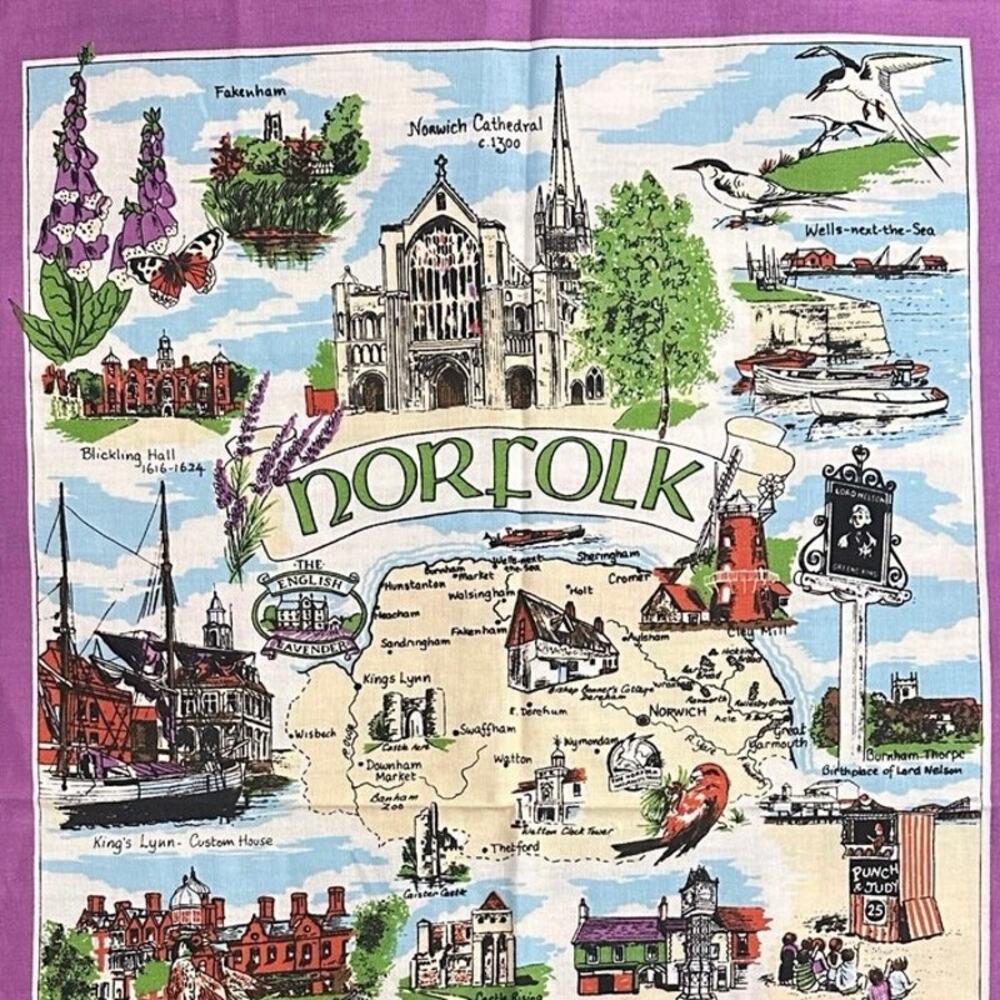 Vtg Norfolk England Tea Towel Map by Sally Jayne Textile British Cotton Kitchen